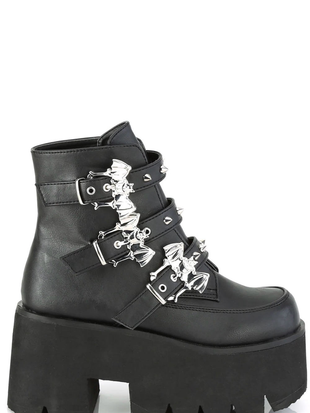 Demonia Ashes-55 Platform Ankle Boots with Silver Bat Hardware